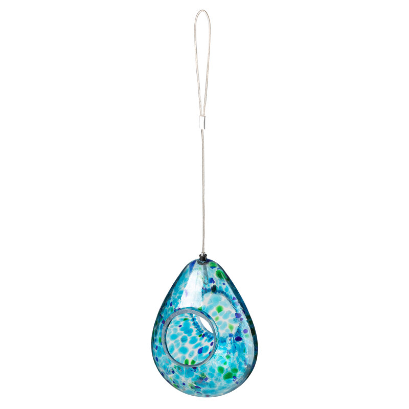 6.75" Blue and Green Glass Teardrop Hanging Bird Feeder