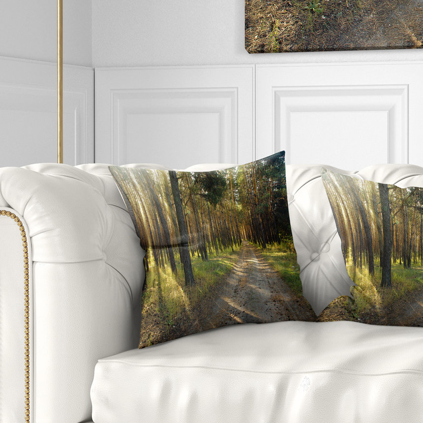 Road Through Green Pine Forest - Landscape Printed Pillow Design Art 