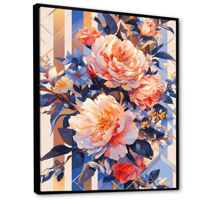 Corail sérénade de pivoines sur toile, Cadre flottant noir, H 32 po x l 16 po x P 1 po