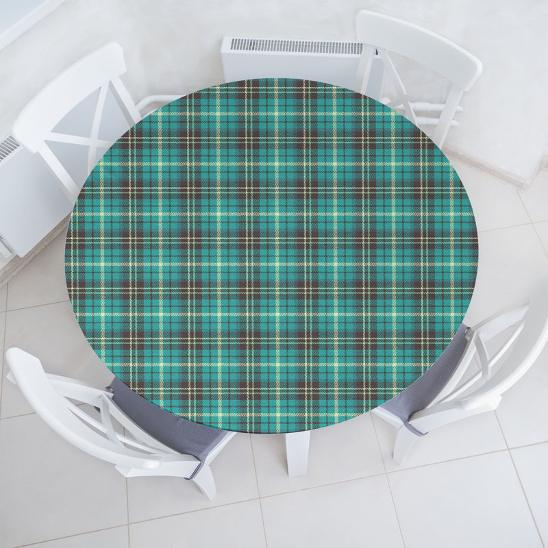 Gracie Oaks Brown Plaid Fitted Round Tablecloth Cream Taupe Dark Seafoam 96833, 51.97" Round