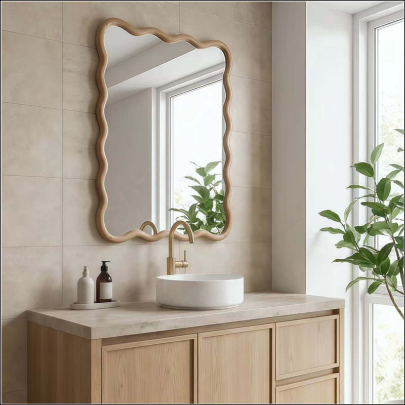 Miroir ondulé à cadre rectangulaire en bois massif, miroir mural bohémien sans distorsion, 30 po x 20 po, Bois naturel