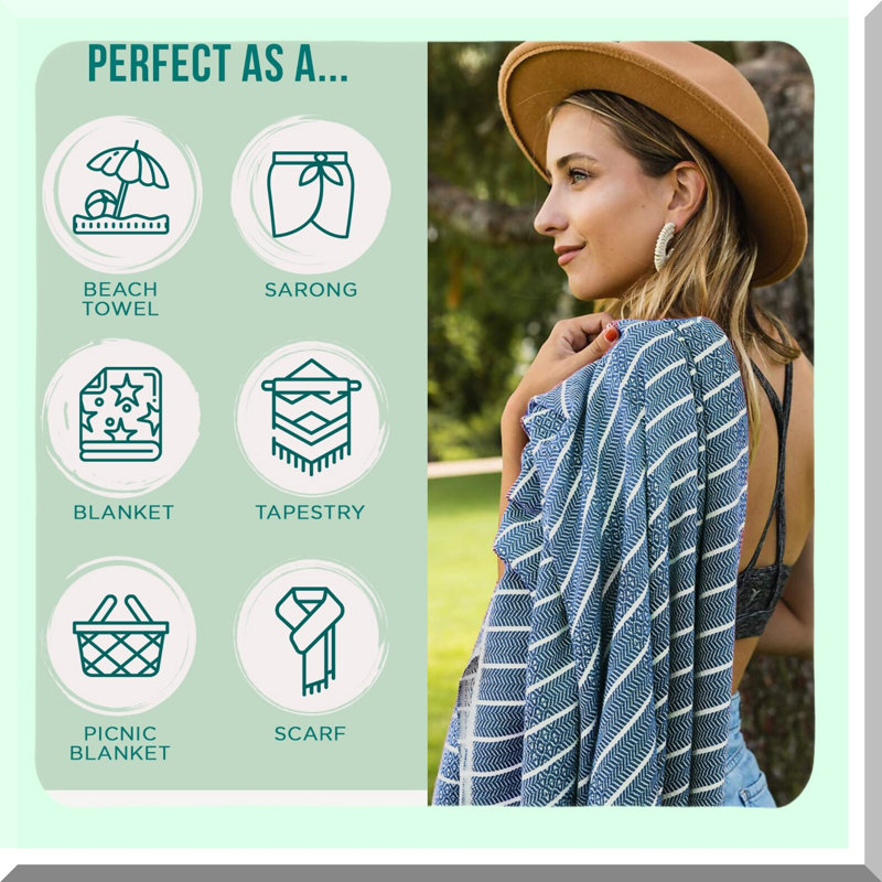 QuickDry Turkish Beach Towel - 100% Cotton, Versatile for Beach, Picnic, Blanket, or Bath - As Seen on Shark Tank