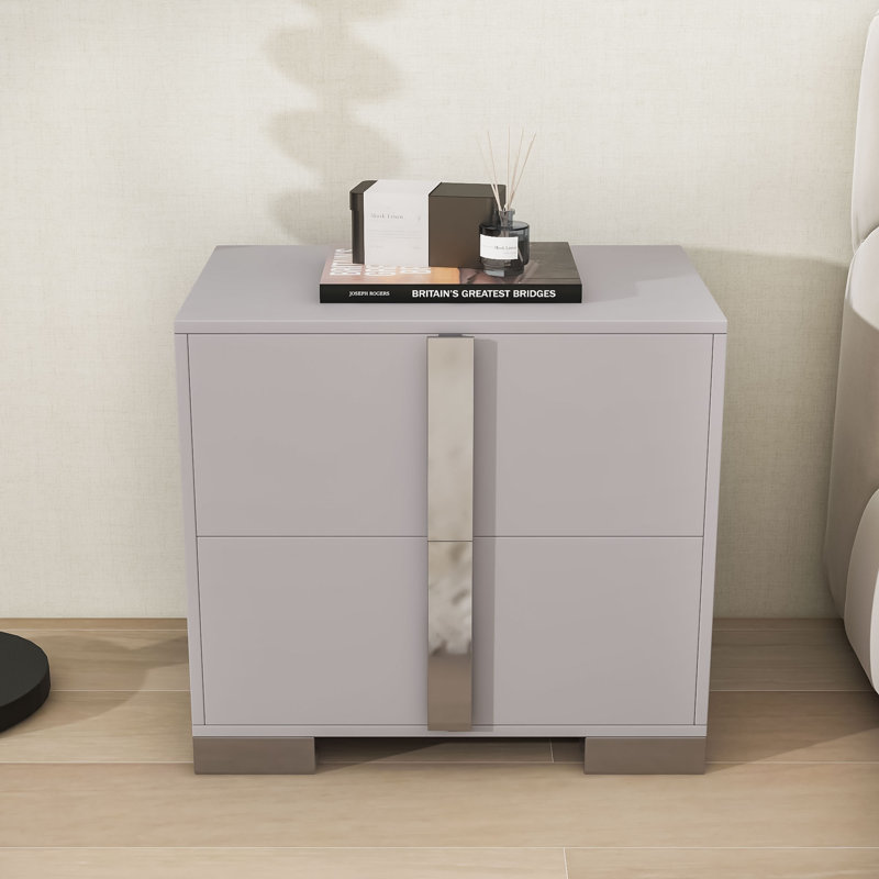 Kievon Mirrored Nightstand with Metal Handle, Wood Bedside Table with 2 Drawers, Gray