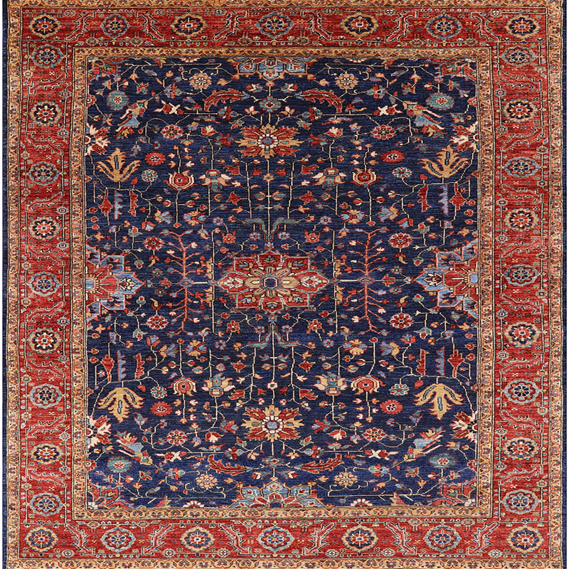 Tapis oriental rouge et bleu, Carré 6 pi