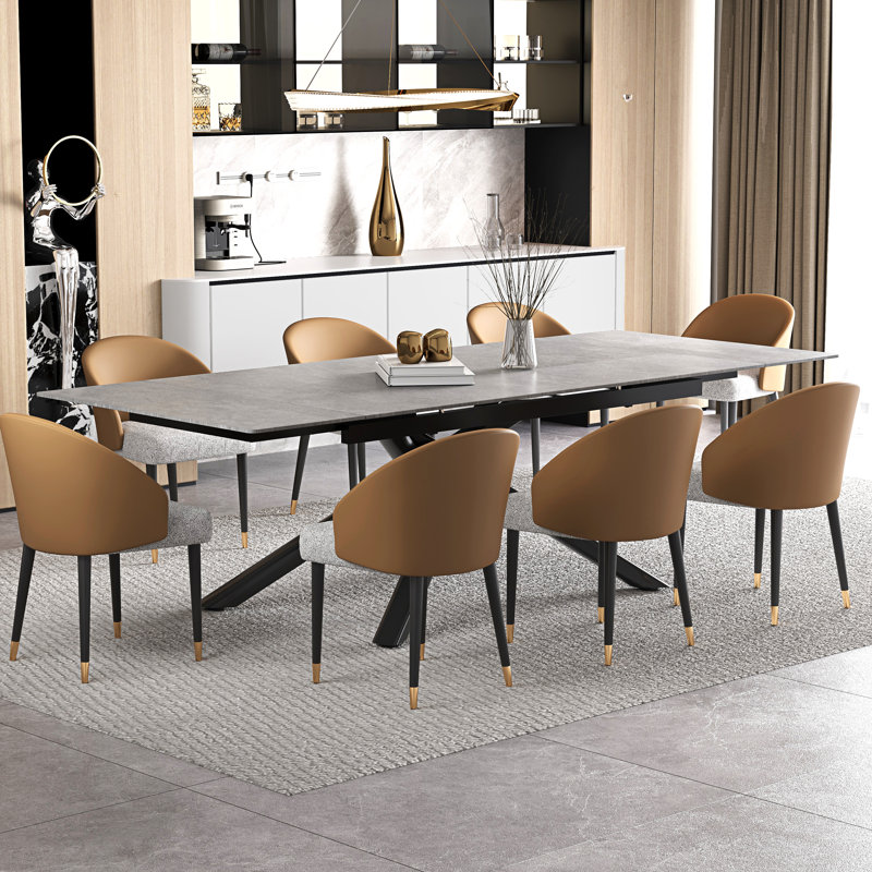 Ensemble de table de salle à manger extensible 102 po avec table en pierre frittée et 8 chaises en similicuir, Gris