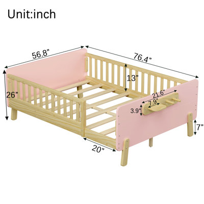 Lit d'enfant standard, lit plateforme en bois avec tête et pied de lit, rose