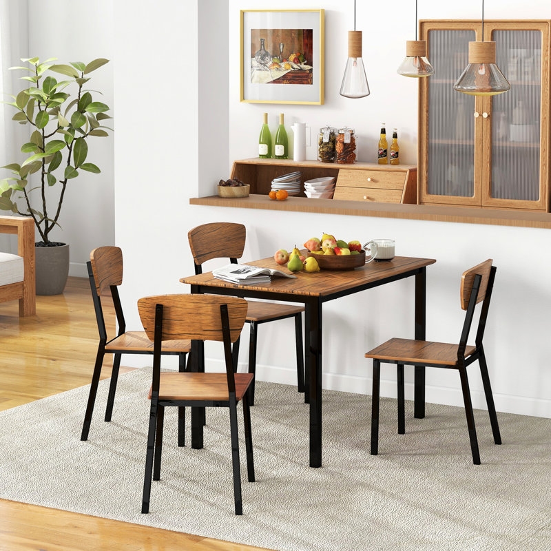 5 Piece Industrial Dining - Space Saving Rustic Brown Table And Chairs For 4 People Rectangular Included Brown, Saving,