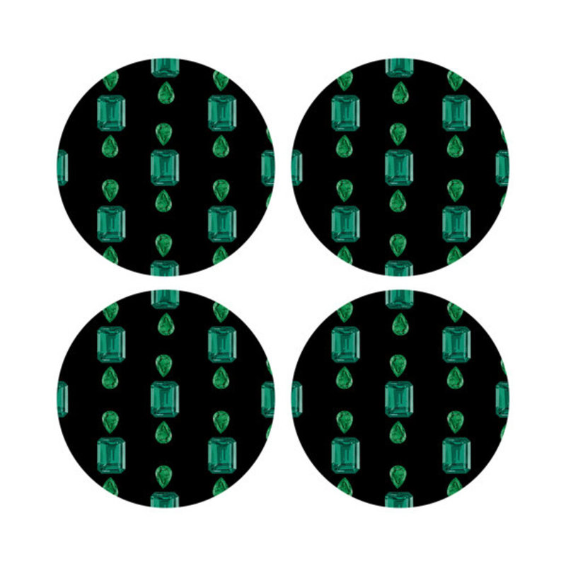 Gem Emeralds Vegan Leather Round Coasters, Black