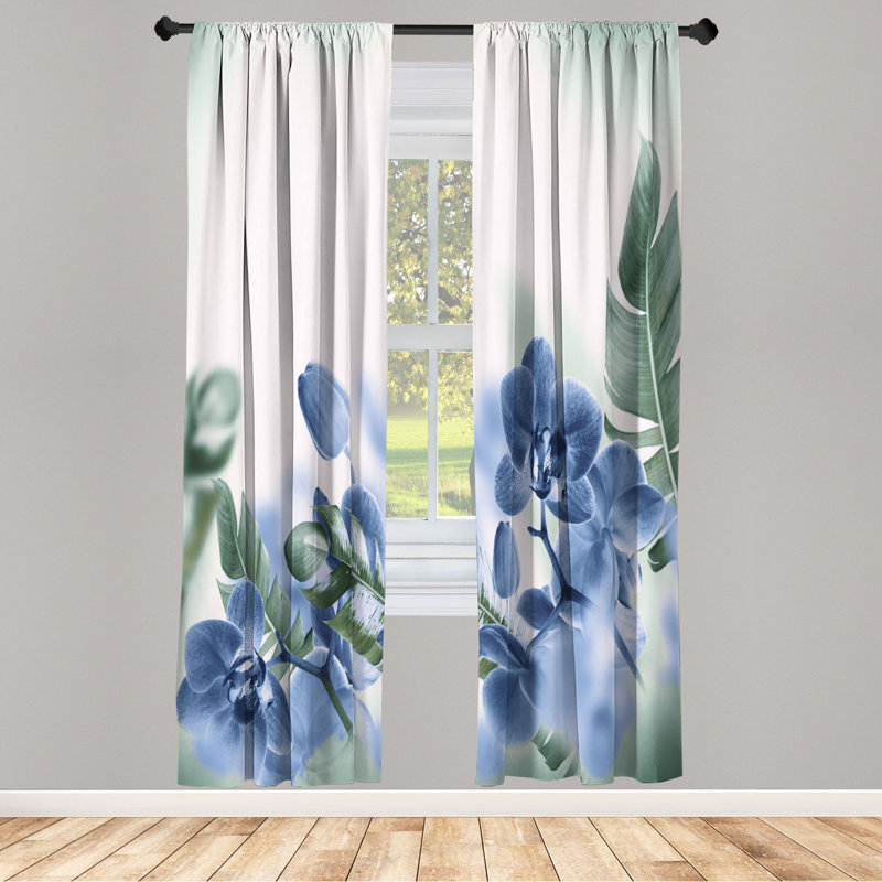 Microfiber Floral Semi-Sheer Rod Pocket Curtain Panels, Steel Blue/White, 28" W x 84" L