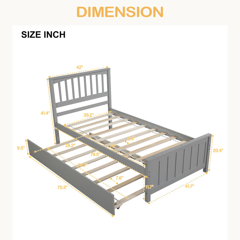 Lit plateforme simple avec lit gigogne, Gris