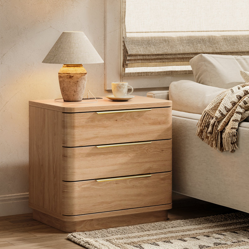 Nightstand With Charging Station, 3 Drawer Night Stand, 24 Inch Wider Side Table With Storage, Oak, Individual