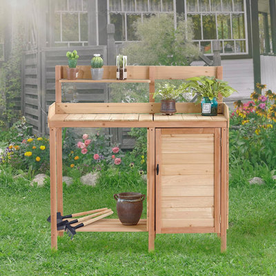 Table de rempotage d'extérieur en bois avec évier, banc de travail de table de jardin avec rangement, poste de travail pour pelouse de patio extérieur
