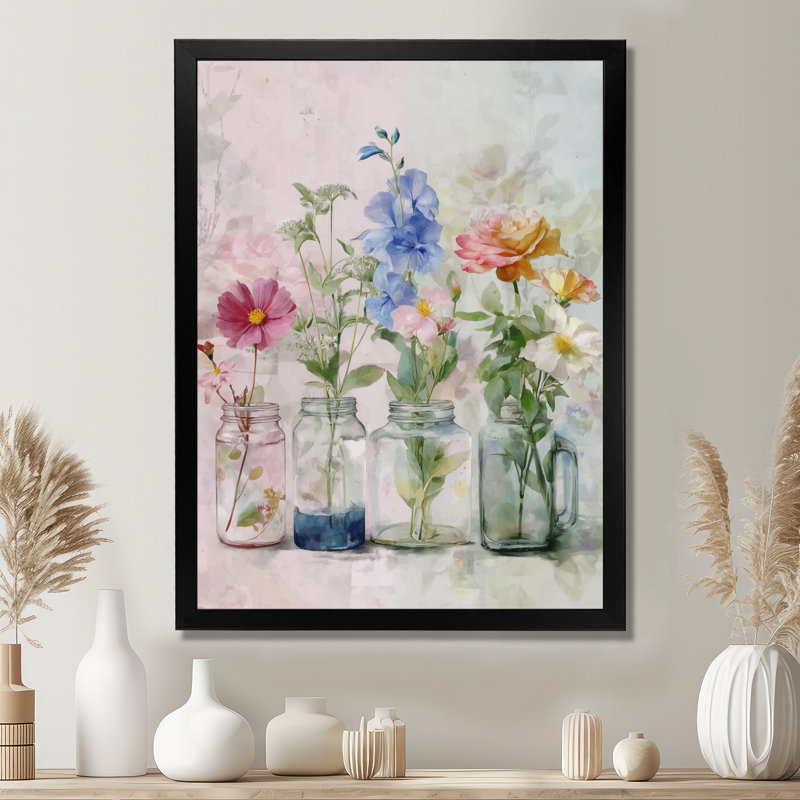 Maison de campagne avec bouquets de fleurs sauvages, H 20 po x l 12 po, Cadre flottant, Noir