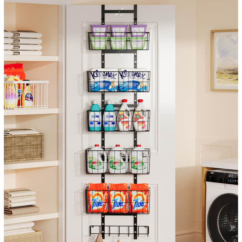 Organisateur de placard réglable au-dessus de la porte, rangement de placard suspendu avec 5 paniers en métal et 7 crochets, tablette murale