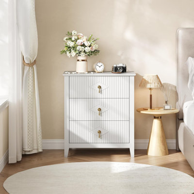 Fluted Dresser For Bedroom 27.5" Wide, 3-Drawer Wood Dresser Nightstand For Bedroom, Modern Chest Of Drawers, Storage Organizer Cabinet For Living Roo