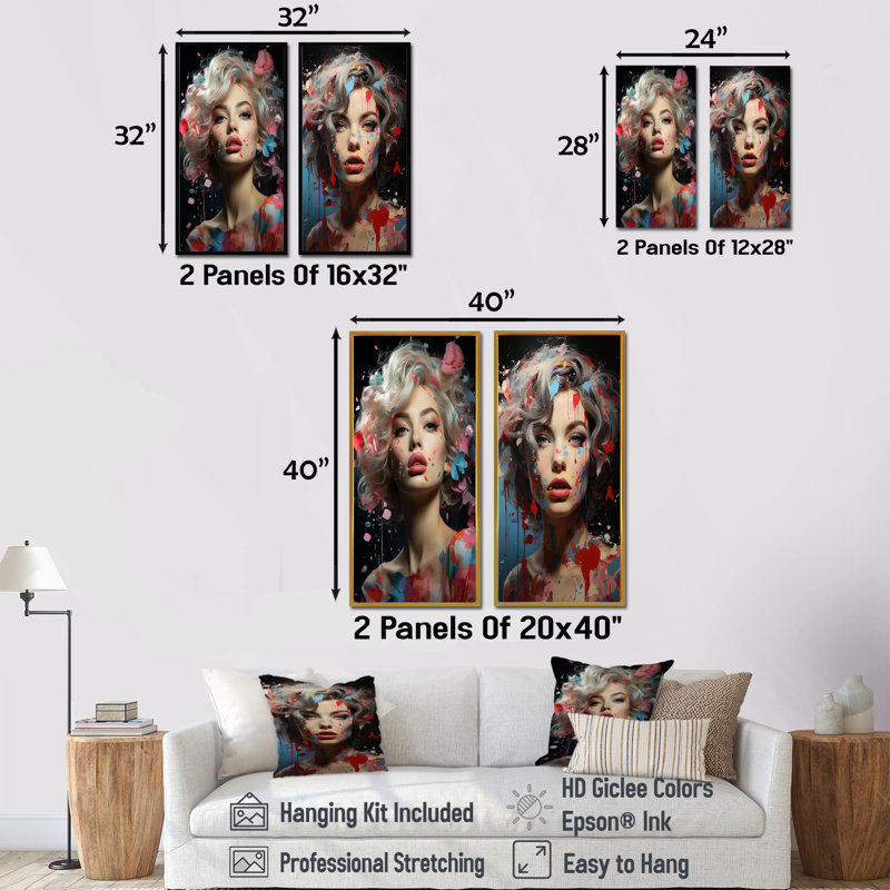 «Blue and Black» Marilyn Monroe Glamour Portrait I - Femme, ensemble de 2 impressions sur toile, Cadre flottant blanc