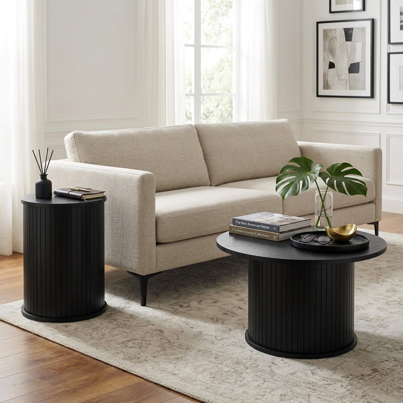 Aurel Buchheit Modern Round Pedestal End And Coffee Table Set, Black Oak