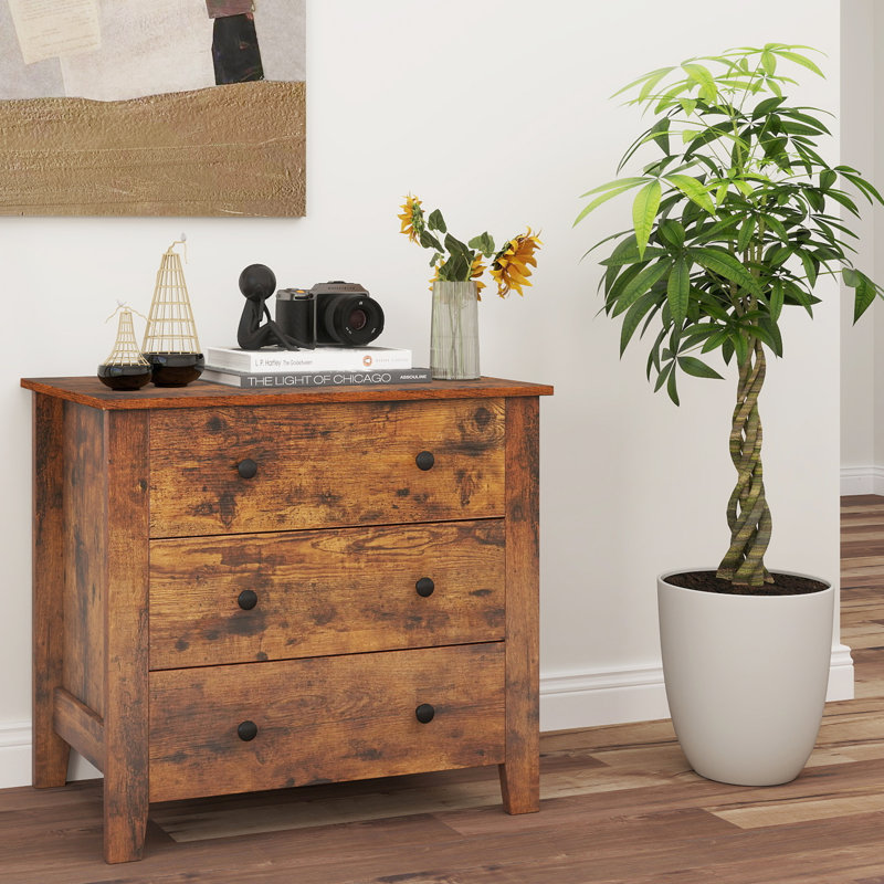 Commode 3 tiroirs avec poignées pratiques, Brun; Noir
