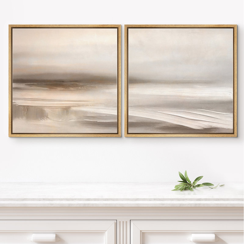 Warm Neutral Beige Soft Abstract Landscape Wall Decor Set Framed Master Bedroom Wall Art Work 2 Pieces Print, 24" H x 24" W