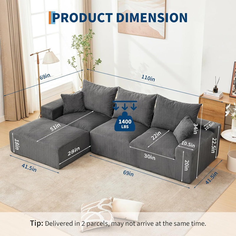 110" Oversized L-Shaped Sectional Sofa with Right Chaise, Cloud Couch with Corduroy & Memory Foam, Includes Throw Pillows