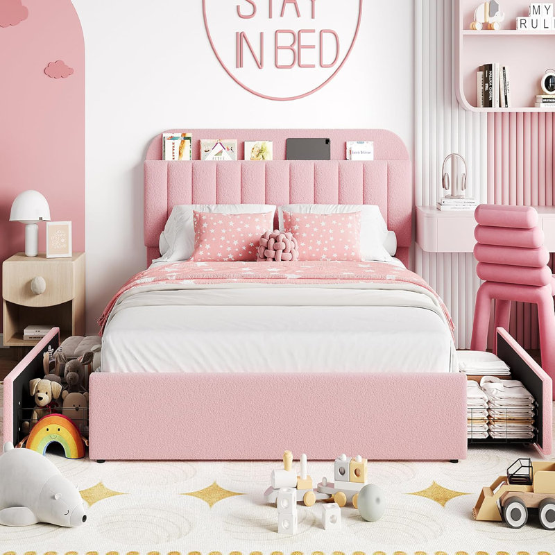 Upholstered Platform Bed with Bookcase Headboard and 2 Storage Drawers, Boucle Fabric, No Box Spring Required, Full, Pink