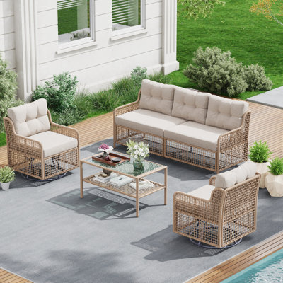 Outdoor Wicker 5-Person Patio Conversation Set with Coffee Table, 4'' Thick Cushioned Swivel Rocking Chairs, All-weather Outdoor Rattan Seating Group
