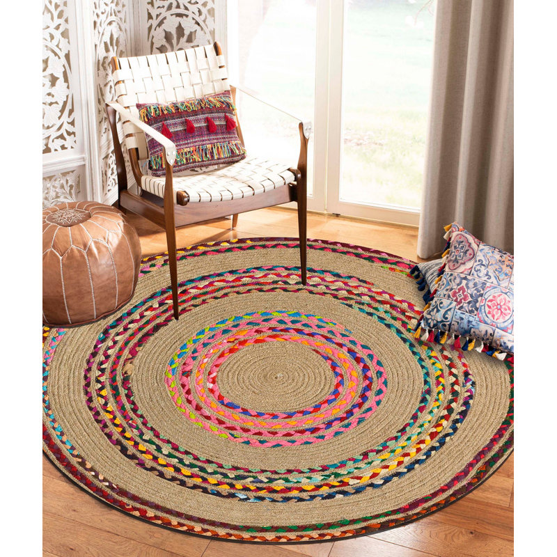 Tapis rond brun / rouge en jute tissé à la machine, Rond 2 pi 11 po