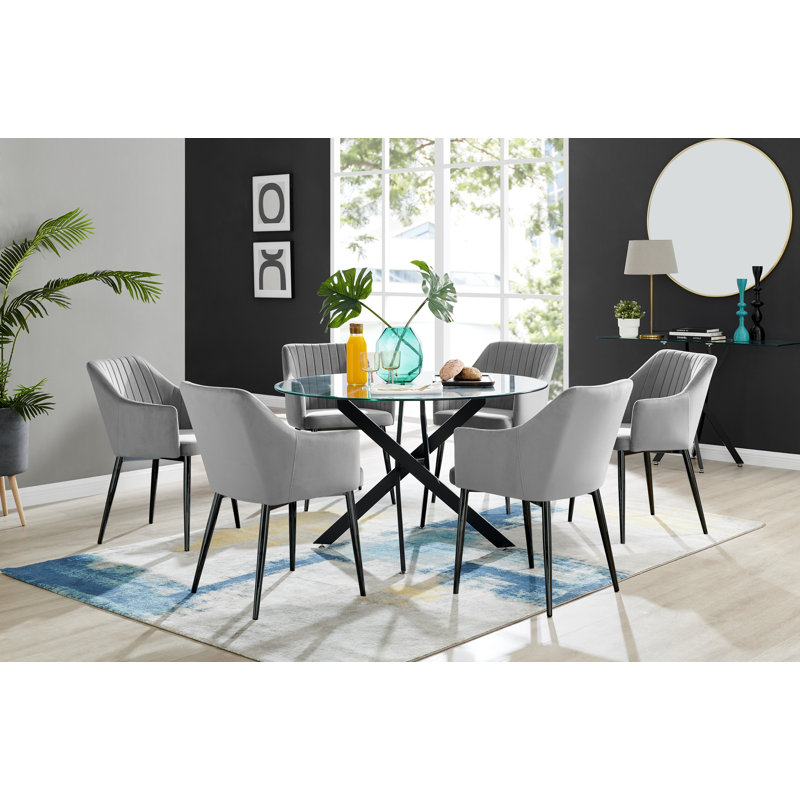 Bernell Modern Chrome Metal & Glass Round Dining Table Set with 6 Luxury Button Velvet Chairs, Grey/Black