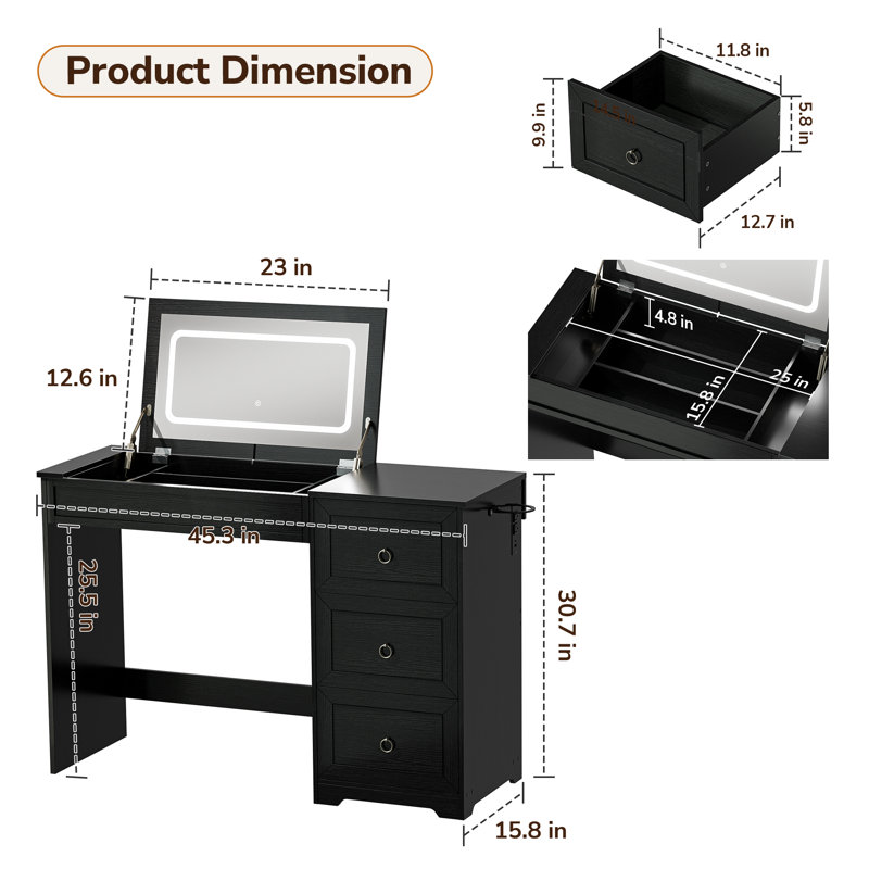 Makeup Vanity with Flip Top Mirror Dressing Desk with Drawer & Power Outlet and Adjustable Lights, Black
