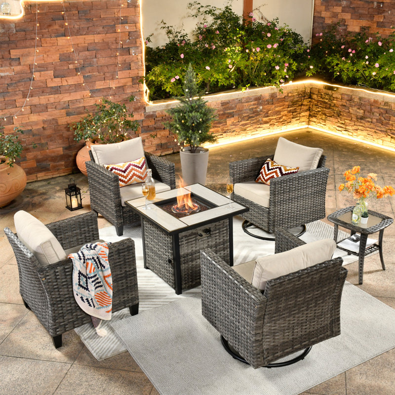 Polyethylene (PE) Wicker 4 - Person Seating Group with Fire Pit, Beige