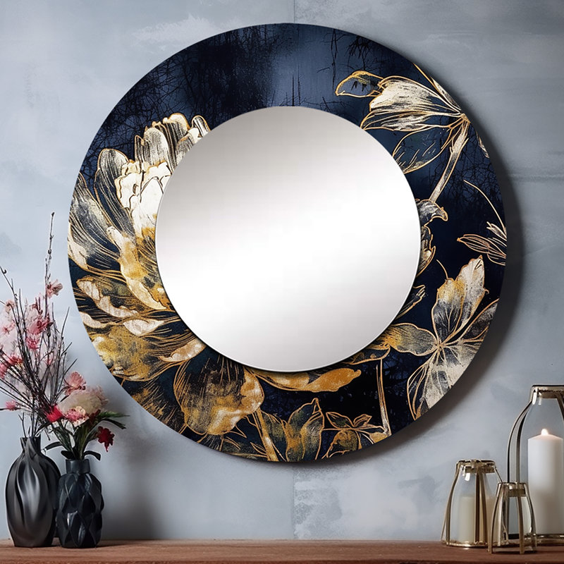 Shelleen Gold Blue Carnation Flower V - Carnations Unique Wall Mirror, Traditional Round Mirror, Printed Metal Art, 36" x 36"