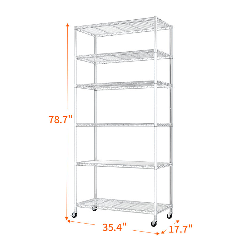 Heavy Duty Storage Adjustable Metal Shelves Wire Shelving Unit With Wheels 1200LBS NSF, 78.74" H x 35.43" W x 17.72" D