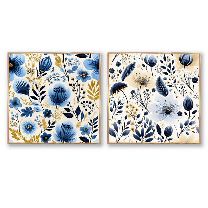Nordic Yellow Blue Garden Dreams II - Abstract Botanicals Square, ensemble de 2 collages carrés, Cadre flottant doré