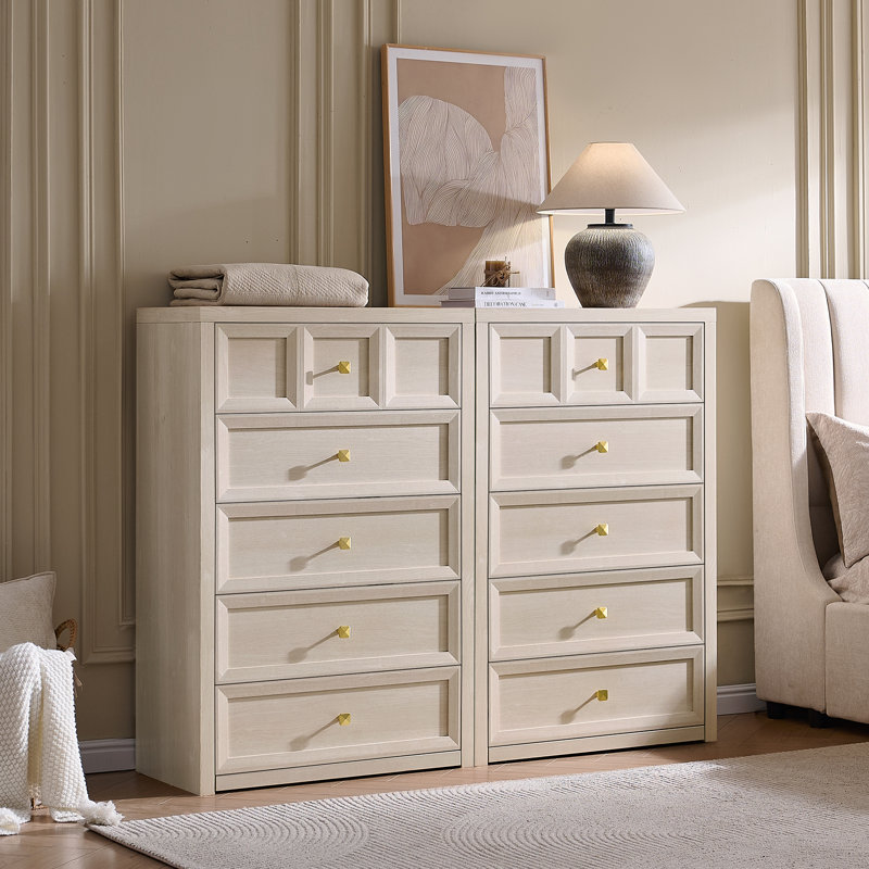 Ensemble de chambre à coucher Aastha 3 pièces, blanc - Commode 5 tiroirs et 2 tables de chevet 3 tiroirs, Gris blanc