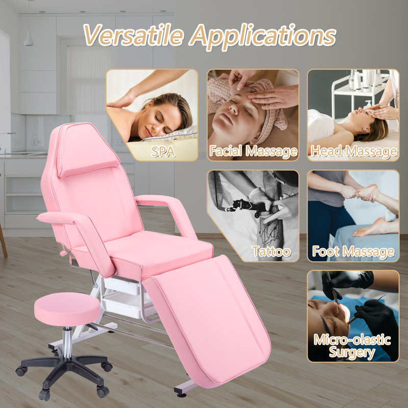 Vegan Leather Tattoo Spa Facial Salon Recliner Adjustable Chair Set With 2 Trays, Pink