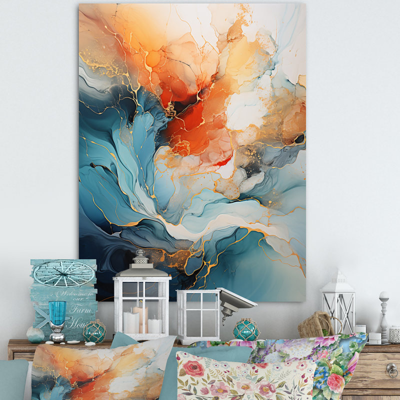 Teal Orange Bold Abstract Flow Collage II - Dams, impressions encadrées, Toile tendue, H 32 po x l 24 po, Sans cadre