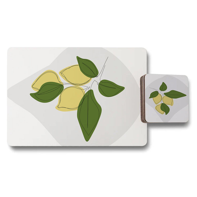 Placemat And Coaster Set With Lemon Artwork In Designer Print Wood Bottom 12 Piece