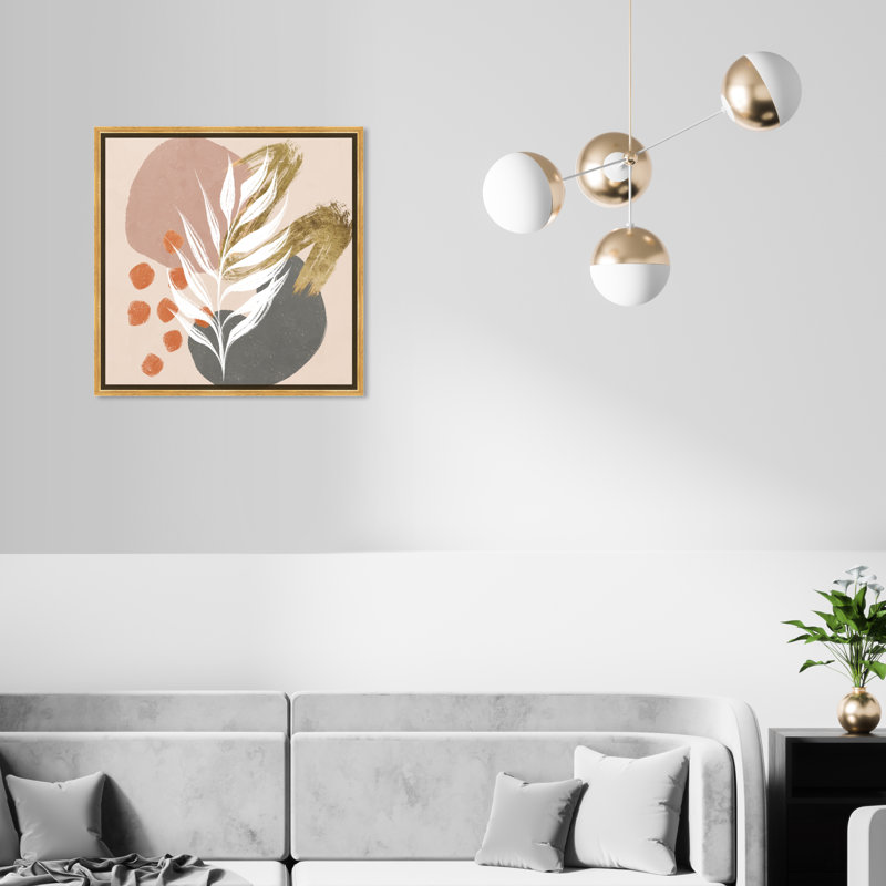 Circles And Brush Strokes Botanical Painting Painting, Gold Floater Framed, 20" H x 20" W