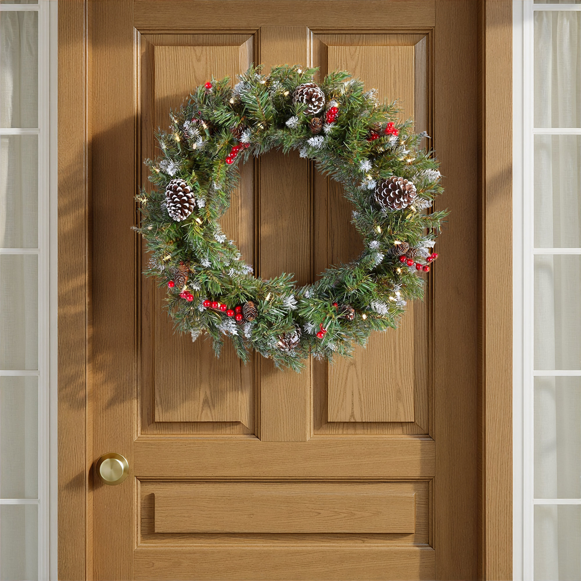 The Holiday Aisle® Frosted Berry Wreath with Clear Lights, 24" H x 24" W x 6" D