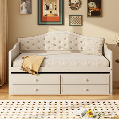 Twin Daybed with Trundle, Twin Size Daybed with 2 Storage Drawers, Wooden Sofa Bed with Upholstered Button Tufted Backrest for Living Room, Bedroom, G