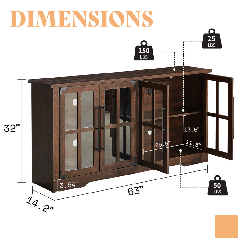 Brown 63" Rustic Wood Sideboard with Glass Doors