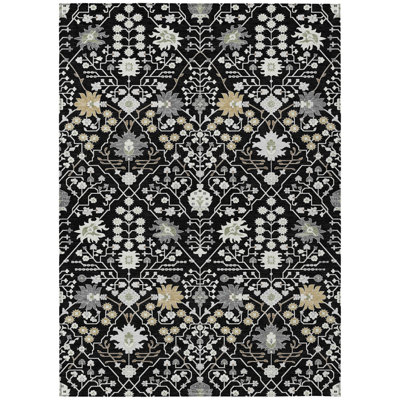 5' X 8' Black Ivory And Gray Oriental Washable Indoor Outdoor Area Rug