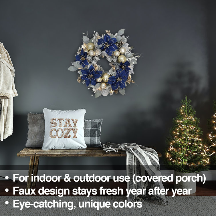 LED Prelit Poinsettia Indoor Outdoor Holiday Wreath by Kurt Adler