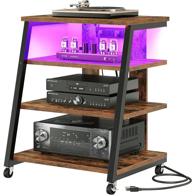 Meuble audio-vidéo à 4 niveaux avec roulettes, supports stéréo, console multimédia avec multiprise, lumières DEL, brun rustique et noir