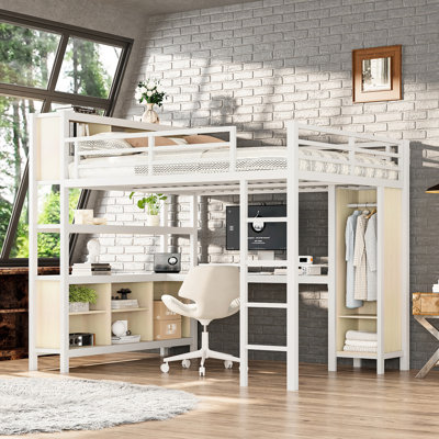 Lit mezzanine en métal robuste avec grand lit, bureau, garde-robe et rangement, coffre-fort pour les compartiments en forme de L, vie quotidienne
