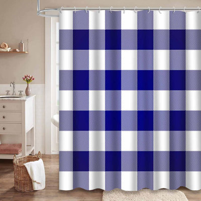 Lumberjack Plaid Buffalo Blue Check White Shower Curtain with 12 Hooks