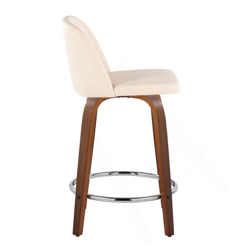 Toriano 24" Mid-Century Modern Fixed Height Counter Stool With Swivel In Walnut Wood And Cream Faux Leather With Round Chrome Metal Footrest By Lumisource - Set Of 2