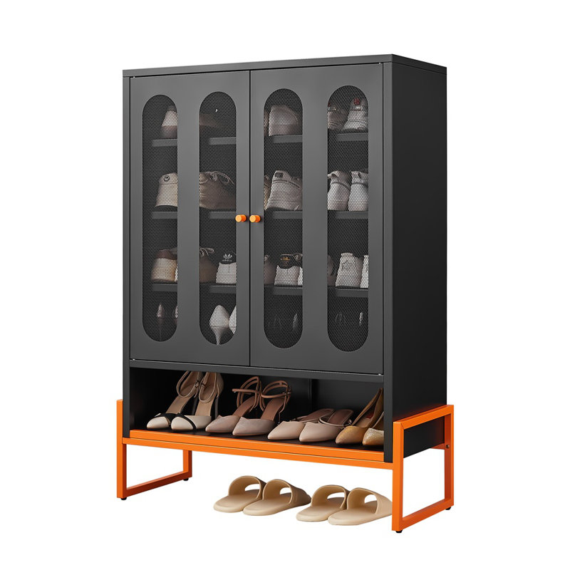 5.9" High Foot Double-sided Mesh Door Shoe Cabinet – Movable Double-layer Partitions, Hollow Base (moisture-proof/seismic), Robot Vacuum Accessible, Under-door Storage For Living Room