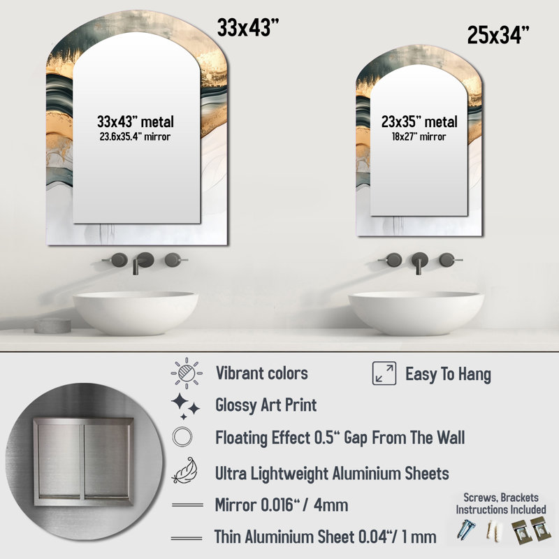 Silent Melody Of Golden Hard Edge Ink II - Hard Edge Painting Arch Unique Wall Mirror, Modern Asymmetrical Mirror, Printed Metal Art