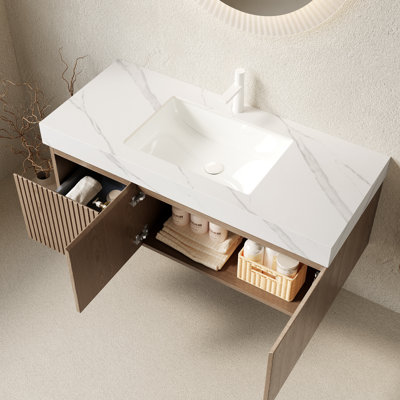 Meuble-lavabo luxueux avec rangement, pierre frittée blanche de Carrare, conception moderne pour la salle de bain
